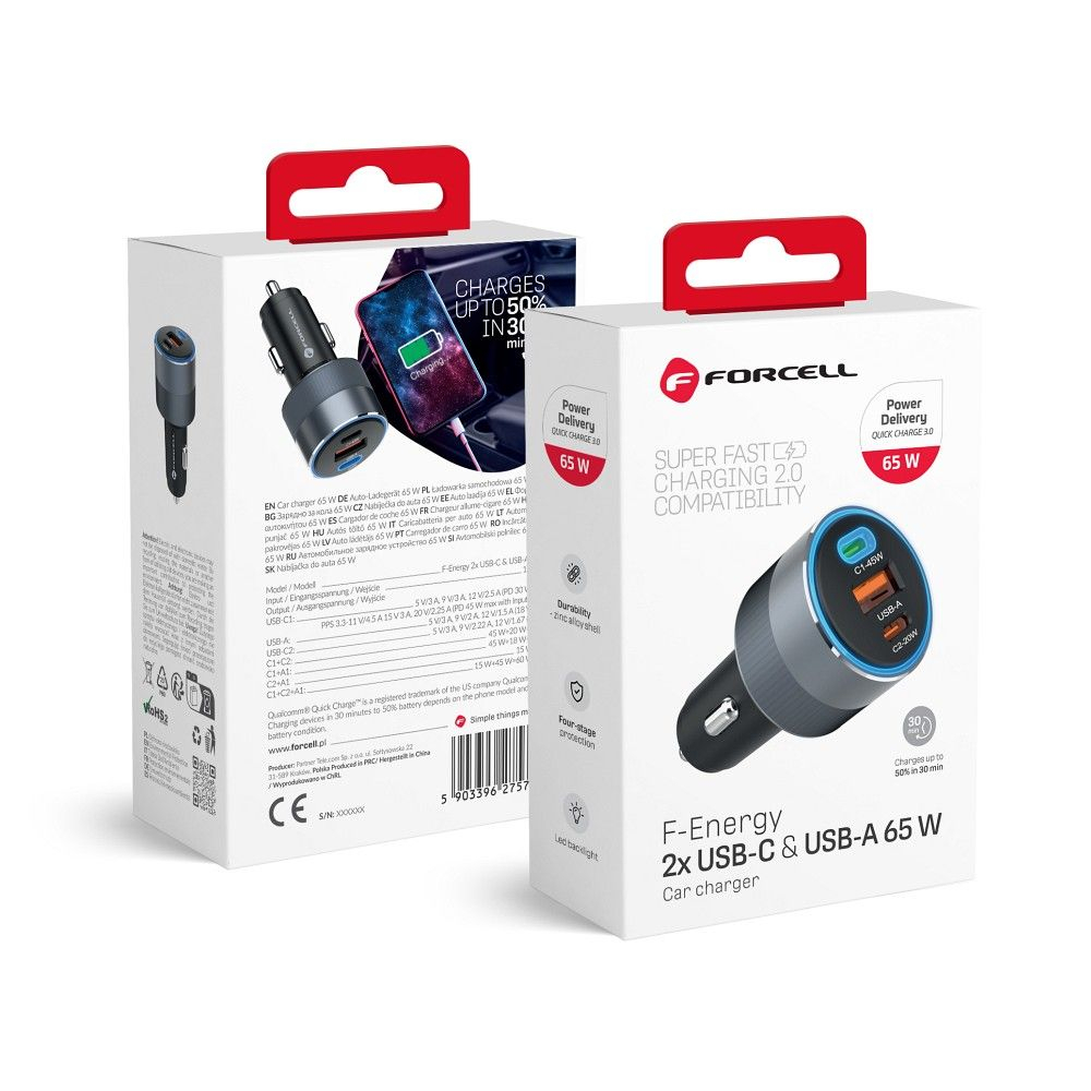 Încărcător Auto Forcell F-Energy ALU 65W, 2x USB-C + USB-A, QC 4.0/PD/SFC – Încărcare Ultra Rapidă în Mașină [5]