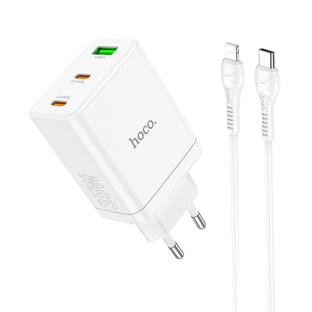 Încărcător Hoco 2 x Type-C + USB-A + Cablu Type-C la Lightning, PD QC3.0, 3A, 35W, N33, Alb [8]