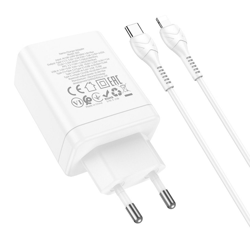 Încărcător Hoco 2 x Type-C + USB-A + Cablu Type-C la Lightning, PD QC3.0, 3A, 35W, N33, Alb [4]