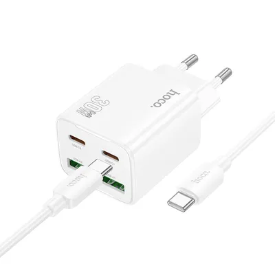 Incarcator Hoco N56, 2x USB-C + 2x USB-A, QC3.0 PD 30W, cu cablu USB-C la USB-C, White [2]