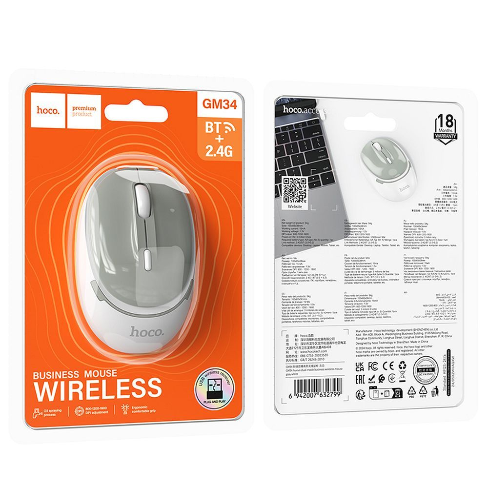 Mouse Wireless Hoco GM34, 2.4G, 1600 DPI, Gri-Alb [3]