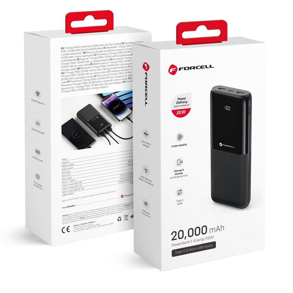 Powerbank Forcell F Energy P20K1, PD QC3.0, 3A, 20W, 20,000 mAh, Negru [3]