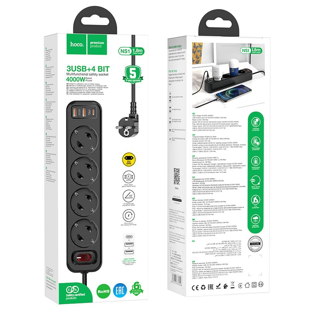 Prelungitor 4000W Hoco, cablu 1,8m, 4 prize, 2 x USB QC3.0 18W + Type C PD 20W [5]