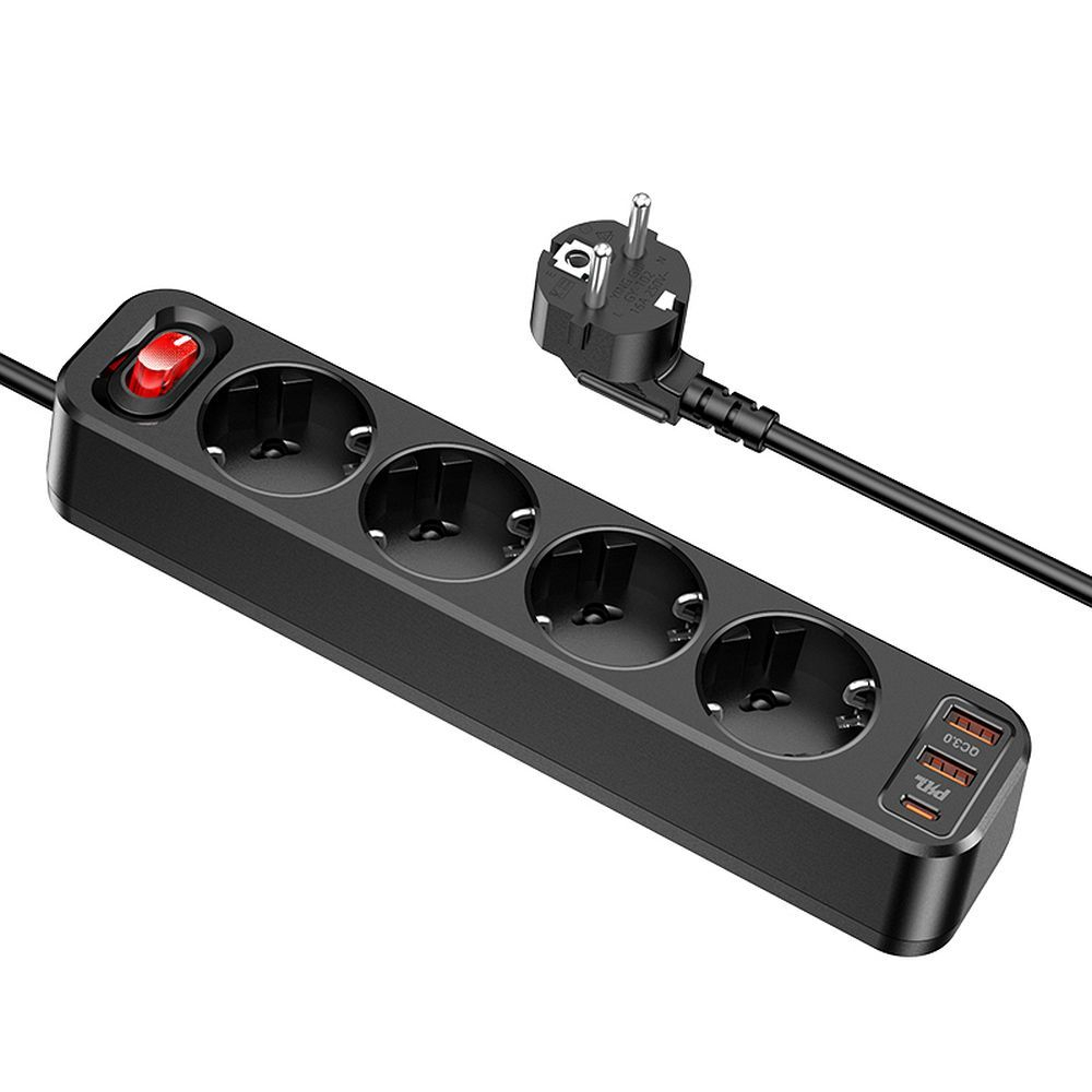Prelungitor 4000W Hoco, cablu 1,8m, 4 prize, 2 x USB QC3.0 18W + Type C PD 20W [2]
