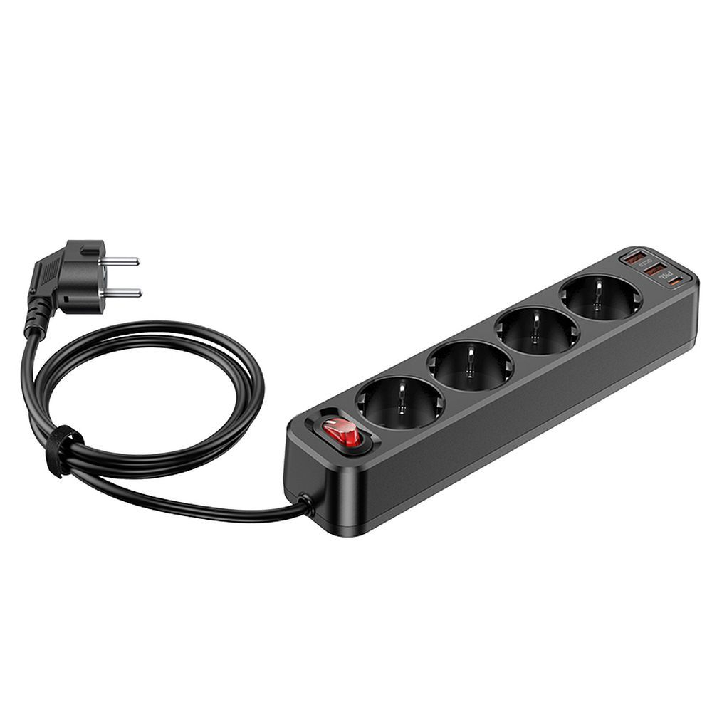Prelungitor 4000W Hoco, cablu 1,8m, 4 prize, 2 x USB QC3.0 18W + Type C PD 20W [1]