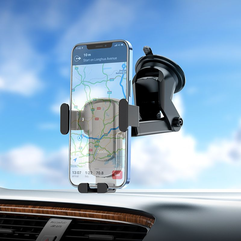 Suport Auto, pentru telefon, pentru parbriz/bord, prindere dispozitiv cu cleme, Auto-Gravity, brat telescopic, rotire 360°, Negru, HOCO (CA104) [4]