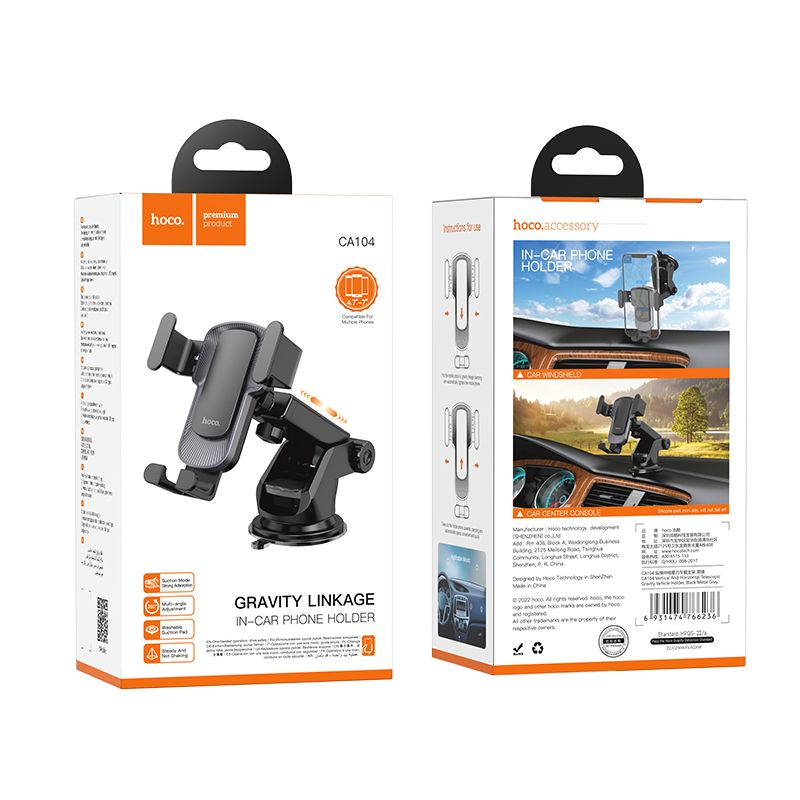 Suport Auto, pentru telefon, pentru parbriz/bord, prindere dispozitiv cu cleme, Auto-Gravity, brat telescopic, rotire 360°, Negru, HOCO (CA104) [5]