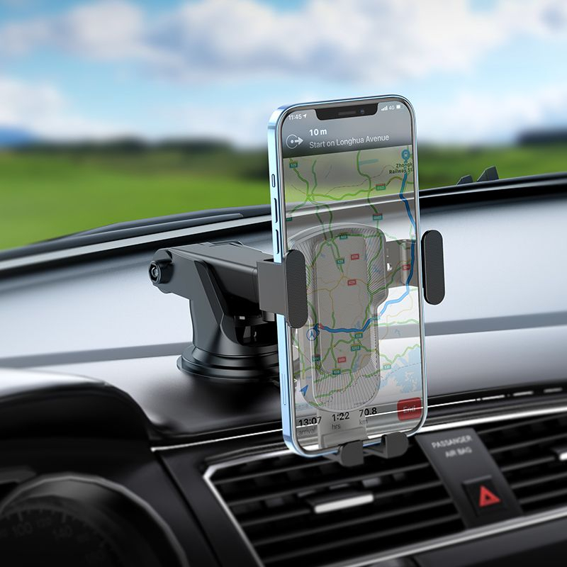 Suport Auto, pentru telefon, pentru parbriz/bord, prindere dispozitiv cu cleme, Auto-Gravity, brat telescopic, rotire 360°, Negru, HOCO (CA104) [2]