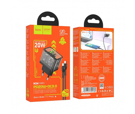 Hoco N34 – Încărcător de perete USB-A + Type-C, cablu Type-C la Type-C, PD QC3.0, 20W, transparent [1]