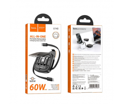 Set Cablu HOCO U140 Retractabil All-in-One, PD 3A 60W, 0,95 m, Negru [2]