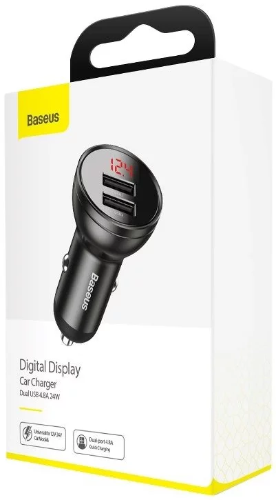 Accesorii GSM & IT - Încărcător Auto BASEUS CCBX-0G – 2 x USB-A, 24W, Afișaj Digital, Gri