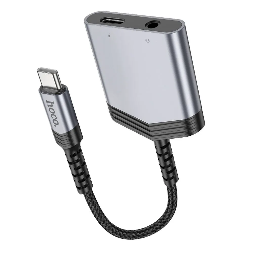 Adaptor Hoco AUX 2-în-1 Type-C la Type-C + Jack 3.5mm, 27W, LS39, Metal Gray [6]