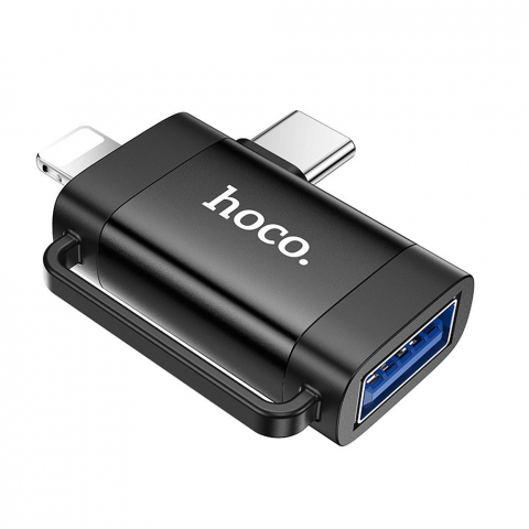 Adaptor OTG Hoco 2 în 1 Type-C și Lightning la USB-A, UA31F, Negru [1]