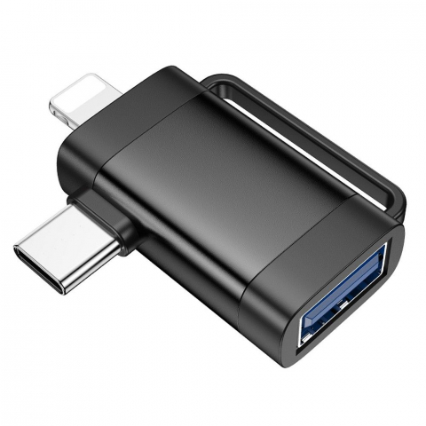 Adaptor OTG Hoco 2 în 1 Type-C și Lightning la USB-A, UA31F, Negru [2]