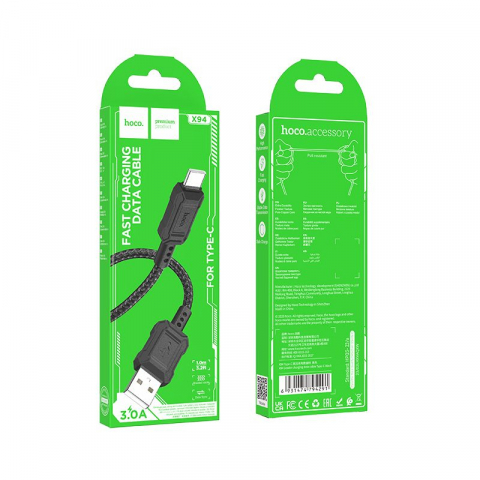 Cablu Hoco USB-A la Type-C 3A X94 1m Negru - Încărcare Super Rapidă și Conectivitate Sigură [2]