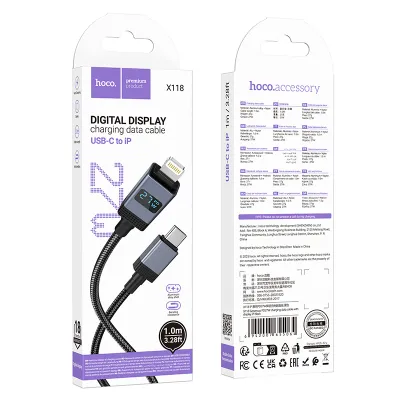 Cabluri - Cablu USB-C la Lightning Hoco X118, PD 27W, cu display, 1m, Black – Fast Charging