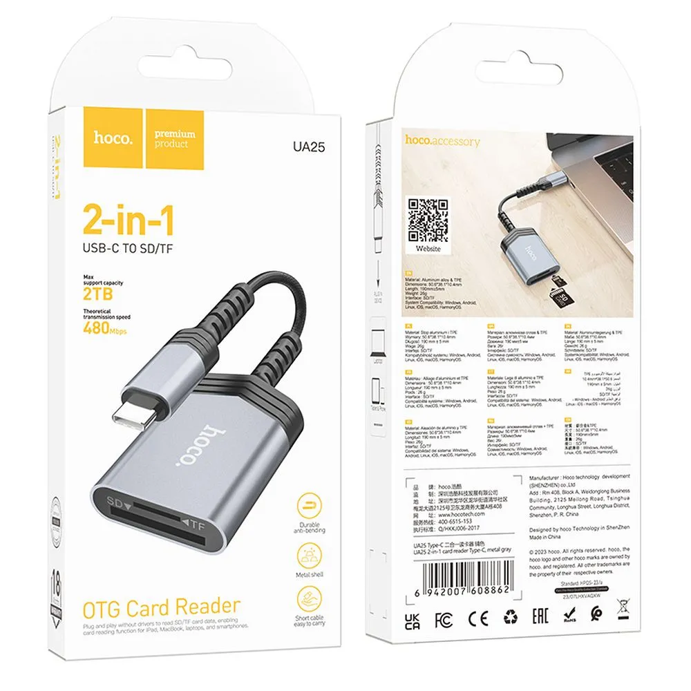 Cititor de carduri Hoco 2-în-1 Type-C UA25, Gray [5]