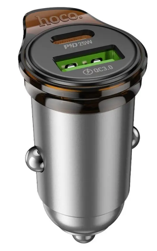 Încărcător Auto HOCO NZ16A – USB-A + USB-C, Cablu Tip-C la Lightning, PD QC3.0 43W, Gri Metal [1]