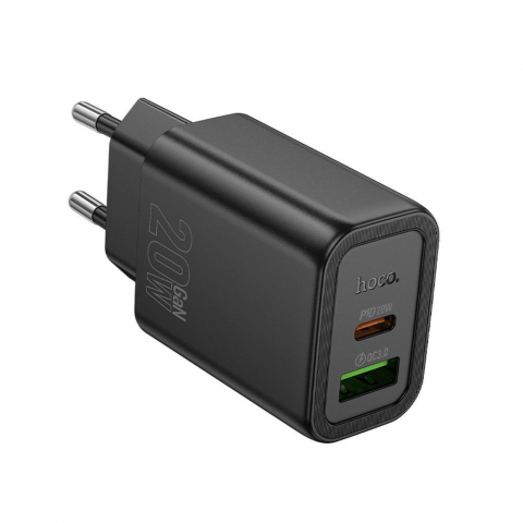 Încărcător de Rețea Hoco N61, USB-A + USB-C, 20W PD/QC 3.0, Negru [1]