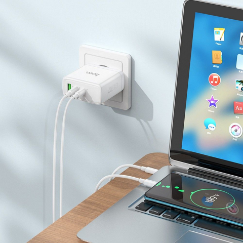 Încărcător Hoco N30, 2 x Type-C + USB-A, QC PD, 65W, Alb [8]