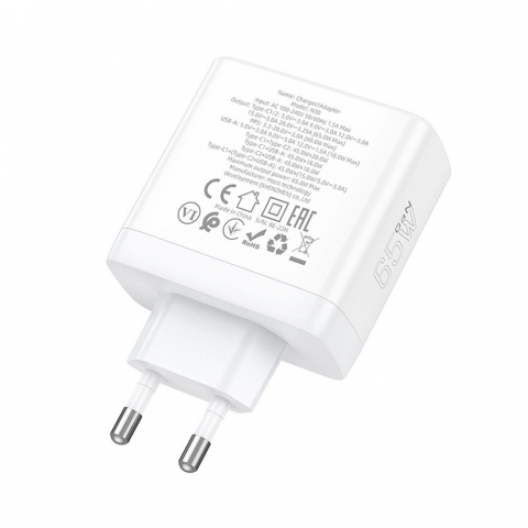 Încărcător Hoco N30, 2 x Type-C + USB-A, QC PD, 65W, Alb [3]