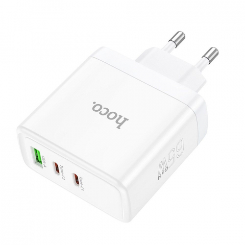 Încărcător Hoco N30, 2 x Type-C + USB-A, QC PD, 65W, Alb [1]