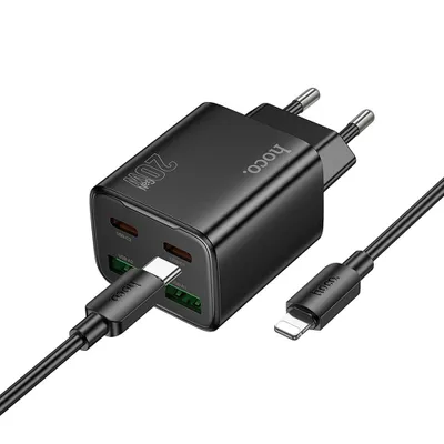 Incarcator Hoco N55, 2x USB-C + 2x USB-A, QC3.0 PD 20W, cu cablu USB-C la Lightning, Black [1]
