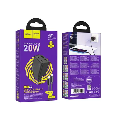 Incarcatoare - Incarcator Hoco N55, 2x USB-C + 2x USB-A, QC3.0 PD 20W, cu cablu USB-C la Lightning, Black