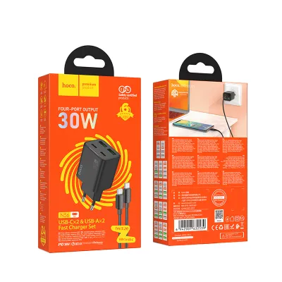 Incarcatoare - Incarcator Hoco N56, 2x USB-C + 2x USB-A, QC3.0 PD 30W, cu cablu USB-C la USB-C, Black