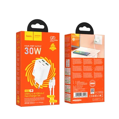 Accesorii GSM & IT - Incarcator Hoco N56, 2x USB-C + 2x USB-A, QC3.0 PD 30W, cu cablu USB-C la USB-C, White