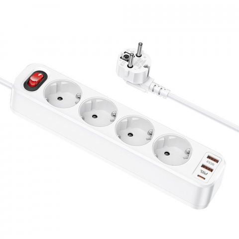 Accesorii GSM & IT - Priză HOCO Prelungitor 4 Biți + 2 x USB A + Tip C PD QC 3A 20W NS1 Alb - Putere și Versatilitate