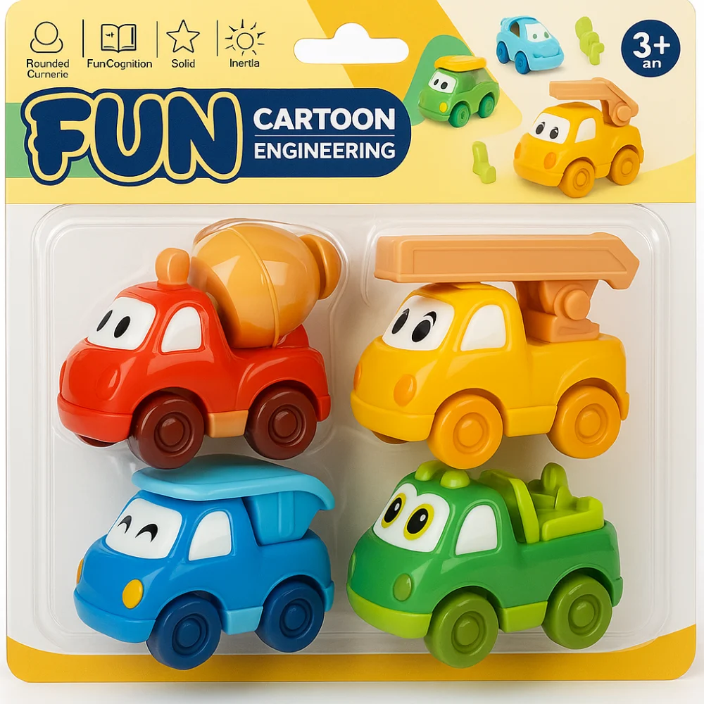 Set / masini - Set 4 masinute Fun Cartoon Engineering jucarii plastic copii 3 ani