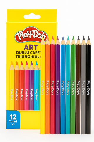 Instrumente scris - Set Creioane Colorate Play-Doh Art – Dublu Capăt, Triunghiulare, 12 Culori