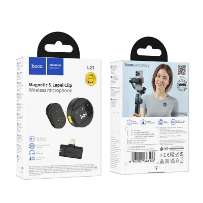Transmitatoare audio FM - Wireless Microphone Hoco L21, Lightning, Clip-on, Black – For iPhone
