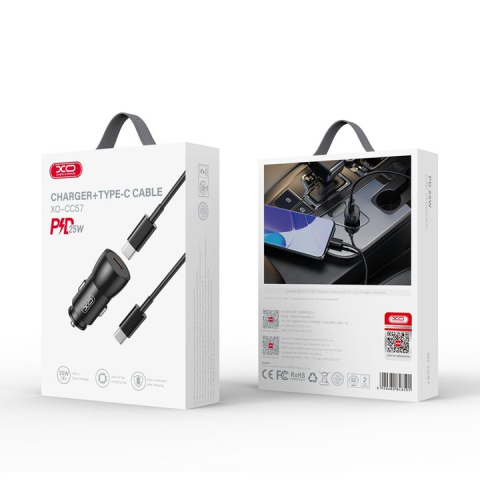 Incarcatoare - XO incarcator auto 25W USB-C + cablu USB-C la USB-C, negru (model CC57)