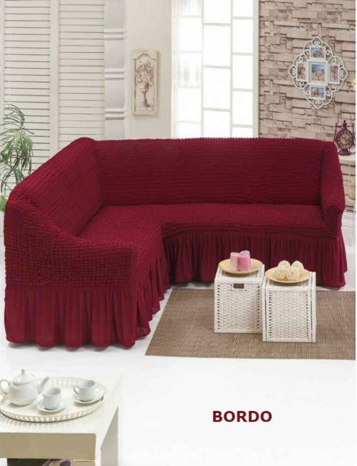 Husa pentru coltar,  bumbac embosat Cu Volan , pana la 300cm pe 300 cm latime Culoare: Bordo [1]