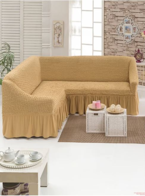 Husa pentru coltar,  bumbac embosat Cu Volan , pana la 300cm pe 300 cm latime Culoare: Crem [1]