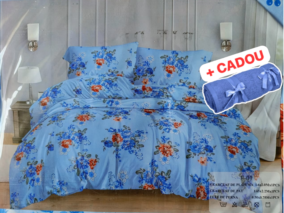 Lenjerie pat o persoana Albastrea Cod: S033 (170x220cm)+ CADOU Prosop 50x90cm 100% Bumbac [3]