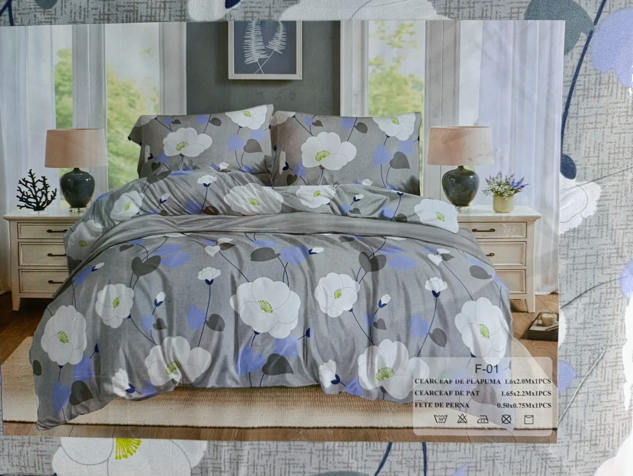 Lenjerie pat o persoana Bujor Alb Cod: S031 (170x220cm) + CADOU Prosop 50x90cm 100% Bumbac [3]