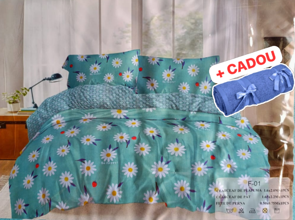 Lenjerie pat o persoana Margareta Cod: S035 (170x220cm) + CADOU Prosop 50x90cm 100% Bumbac [1]