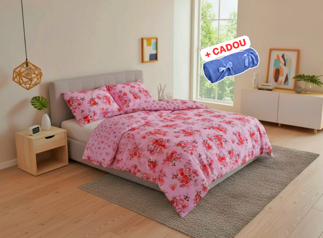 Lenjerie pat o persoana ROZ Cod: S046 (170x220cm) + CADOU Prosop 50x90cm 100% Bumbac [1]