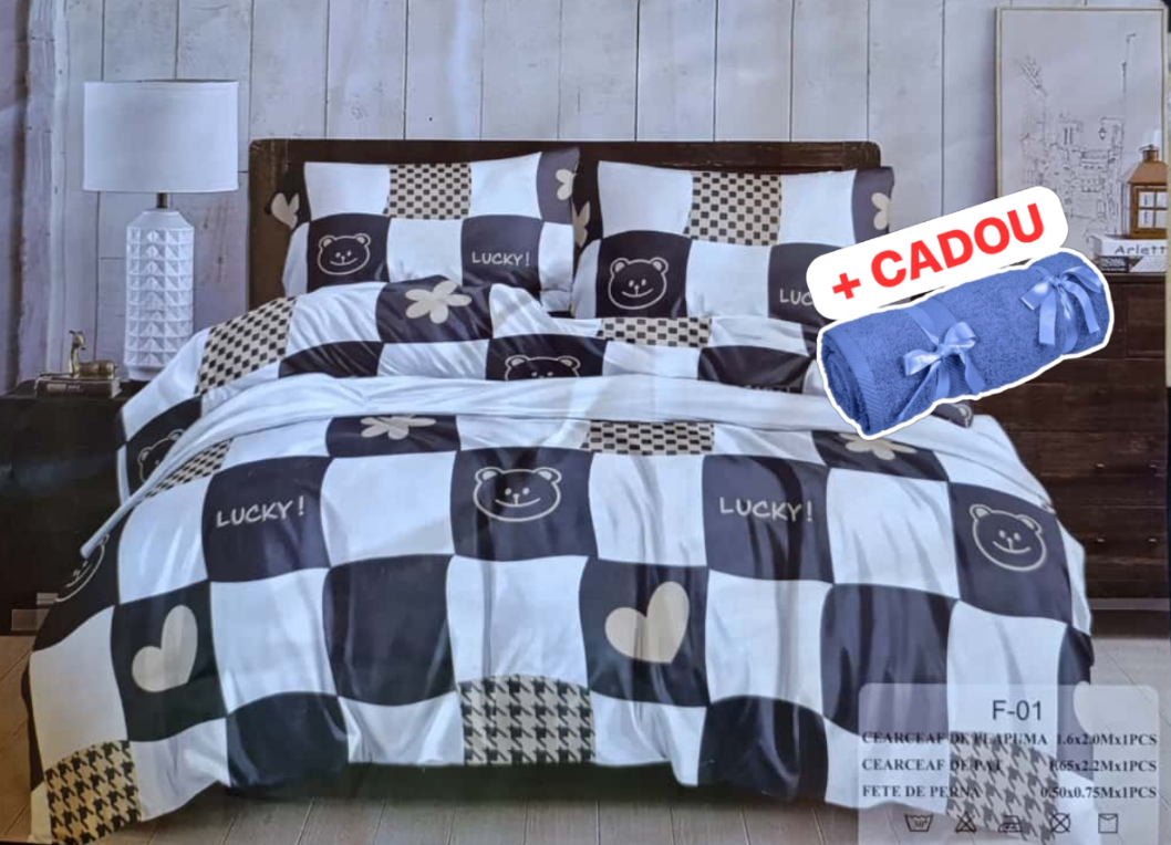 Lenjerie pat o persoana Ursulet Cod: S045 (170x220cm) + CADOU Prosop 50x90cm 100% Bumbac [1]