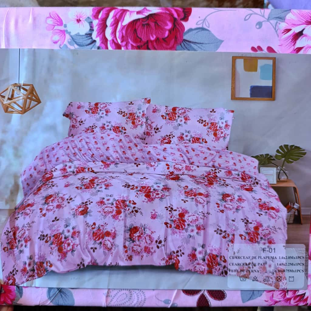 Lenjerie pat o persoana ROZ Cod: S046 (170x220cm) + CADOU Prosop 50x90cm 100% Bumbac [4]