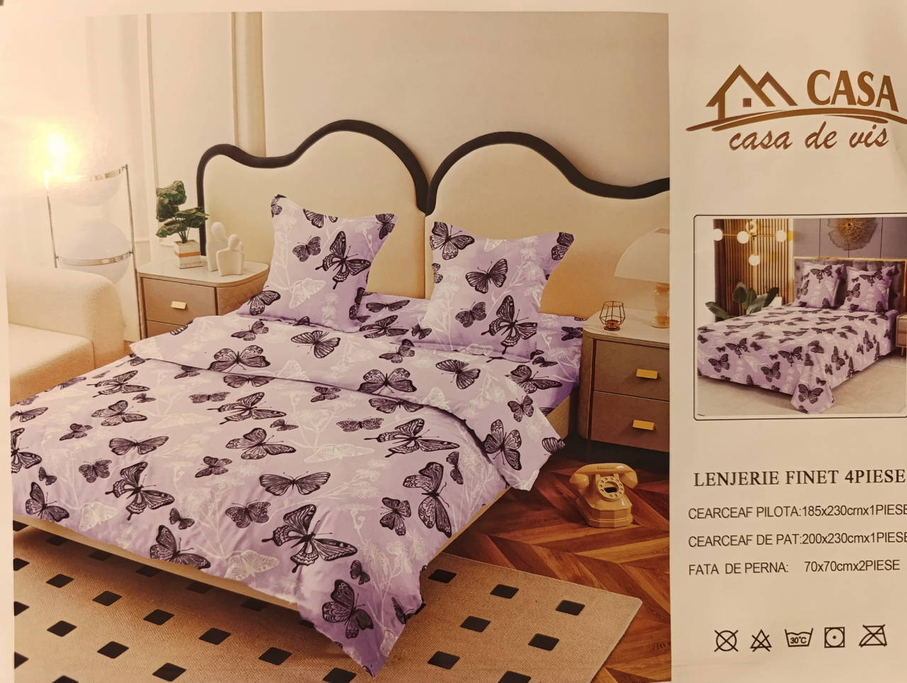 Lenjerie set 4 piese ​​​​​​​King-size Fluturi Mov J1(200 cm x 200-230 cm) - Pucioasa [2]