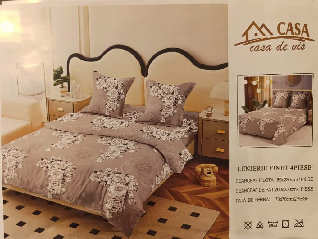 Lenjerie set 4 piese ​​​​​​​King-size Bujor Bej J7 (200 cm x 200-230 cm) - Pucioasa [2]