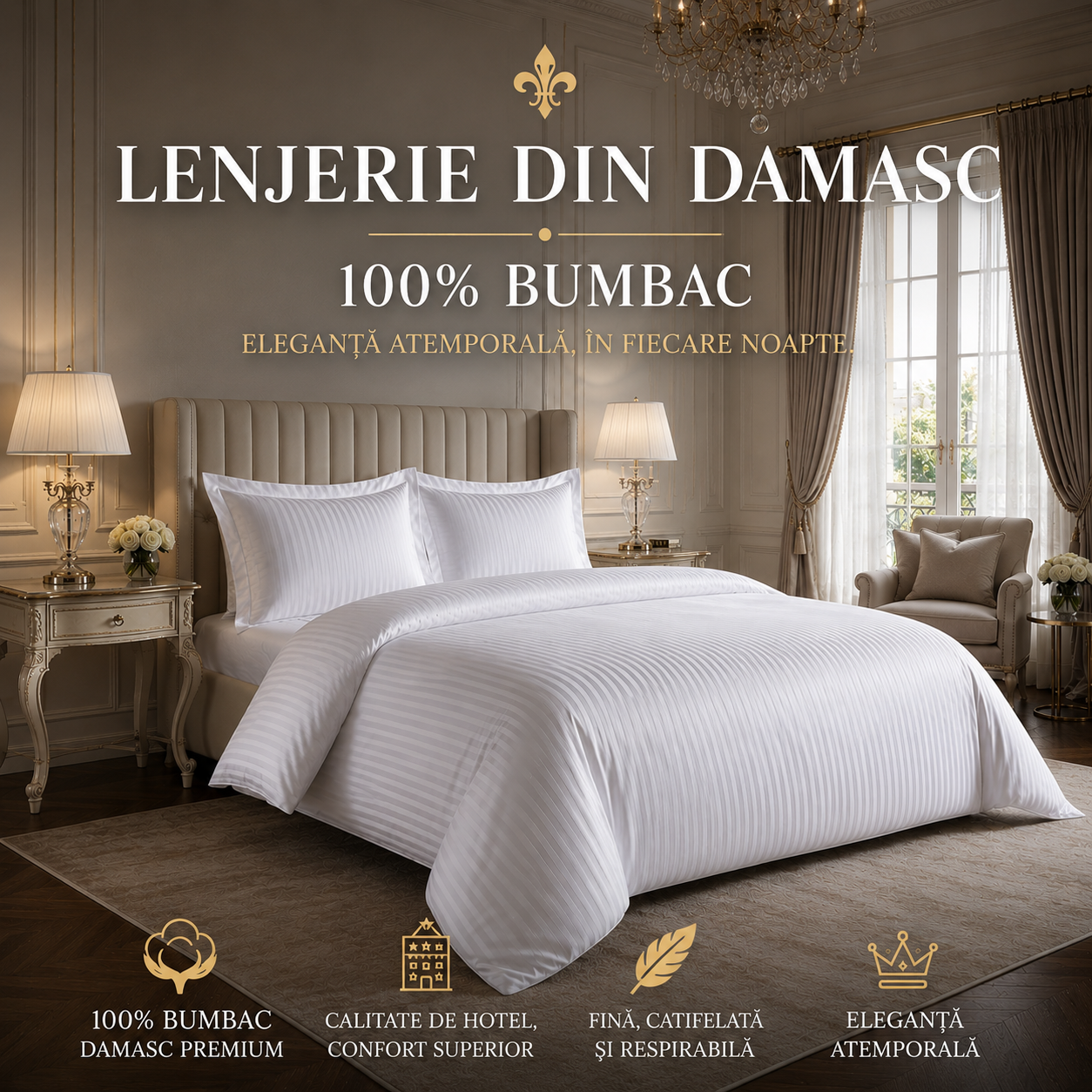 Set  4 piese Lenjerie Damasc Cearceaf Elastic  King Size  200x230cm ALB [2]
