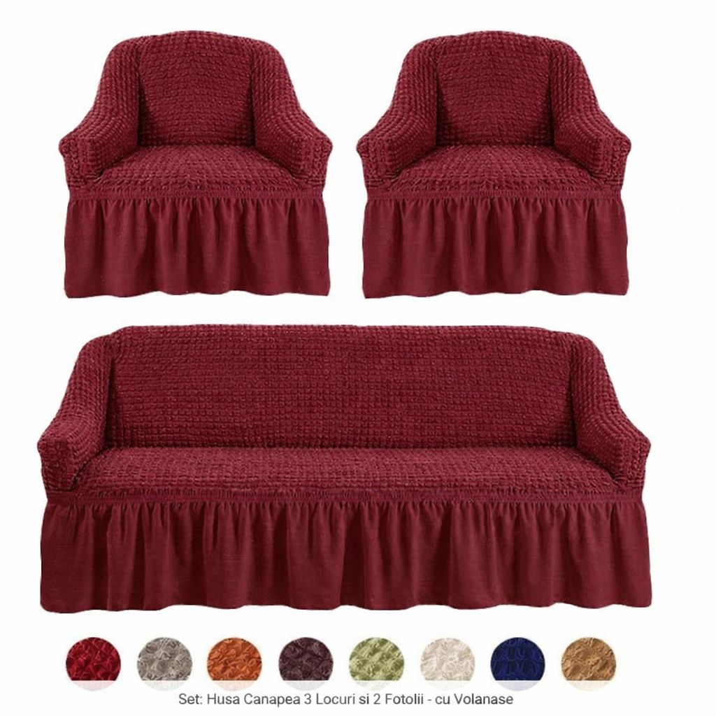 Set Husa pentru Canapea ( intre 180 si 225 cm ) + 2 Fotolii bumbac embosat Cu Volan  180 cm la 225 cm [2]
