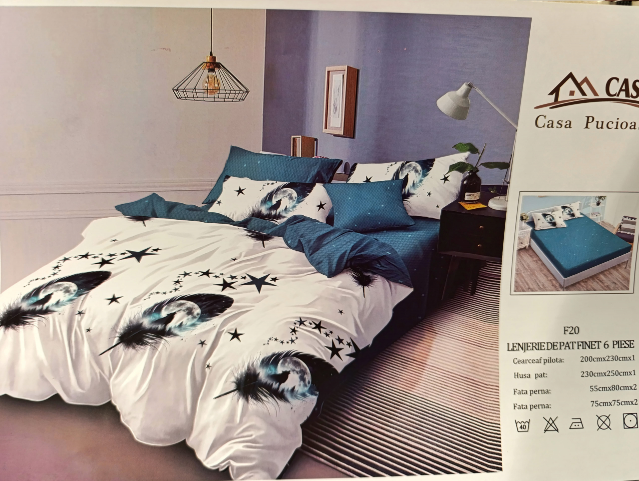 Set Lenjerie cu Elastic Pucioasa 6 piese king size Moon F2035 230x250cm Bumbac Finet [2]