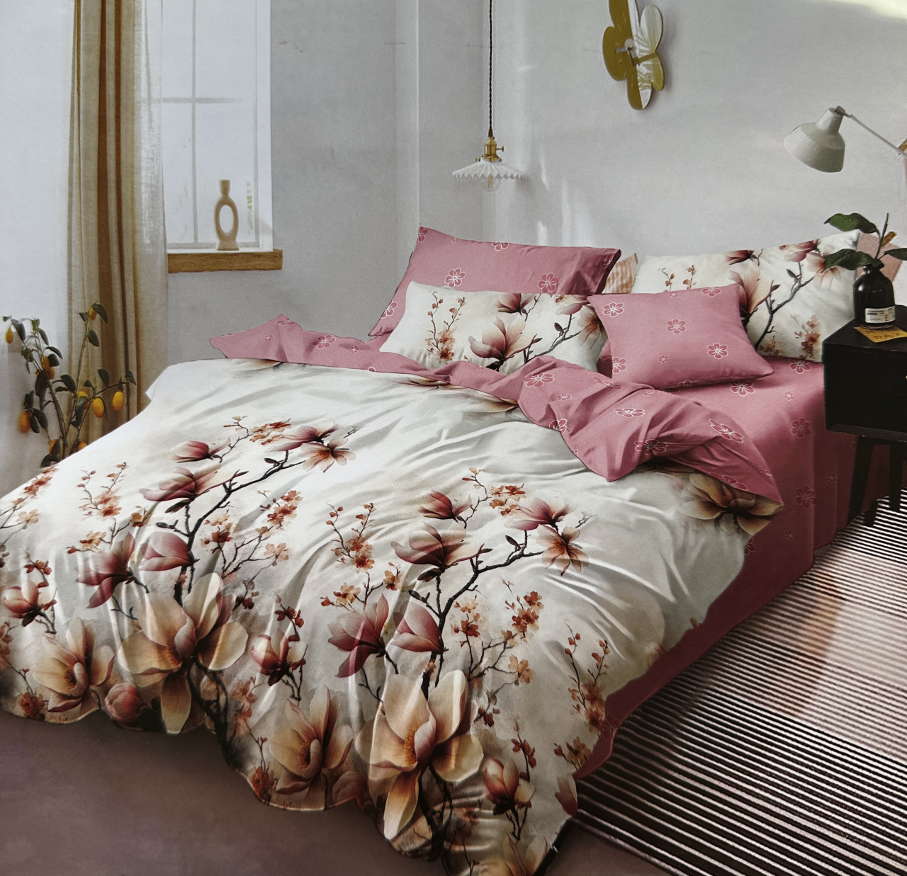 Set Lenjerie cu Elastic Pucioasa 6 piese king size Magnolie Roz F2049 230x250cm Bumbac Finet [2]