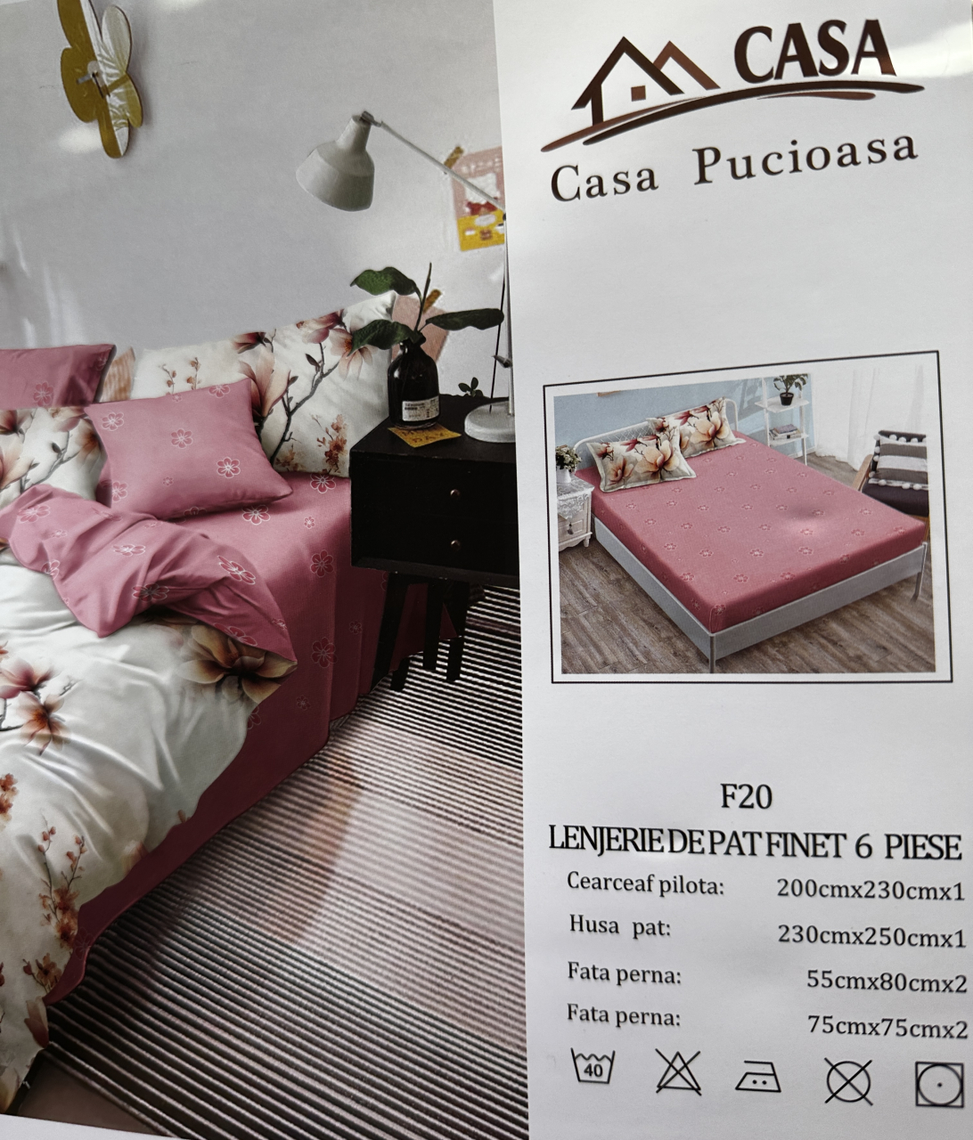 Set Lenjerie cu Elastic Pucioasa 6 piese king size Magnolie Roz F2049 230x250cm Bumbac Finet [3]